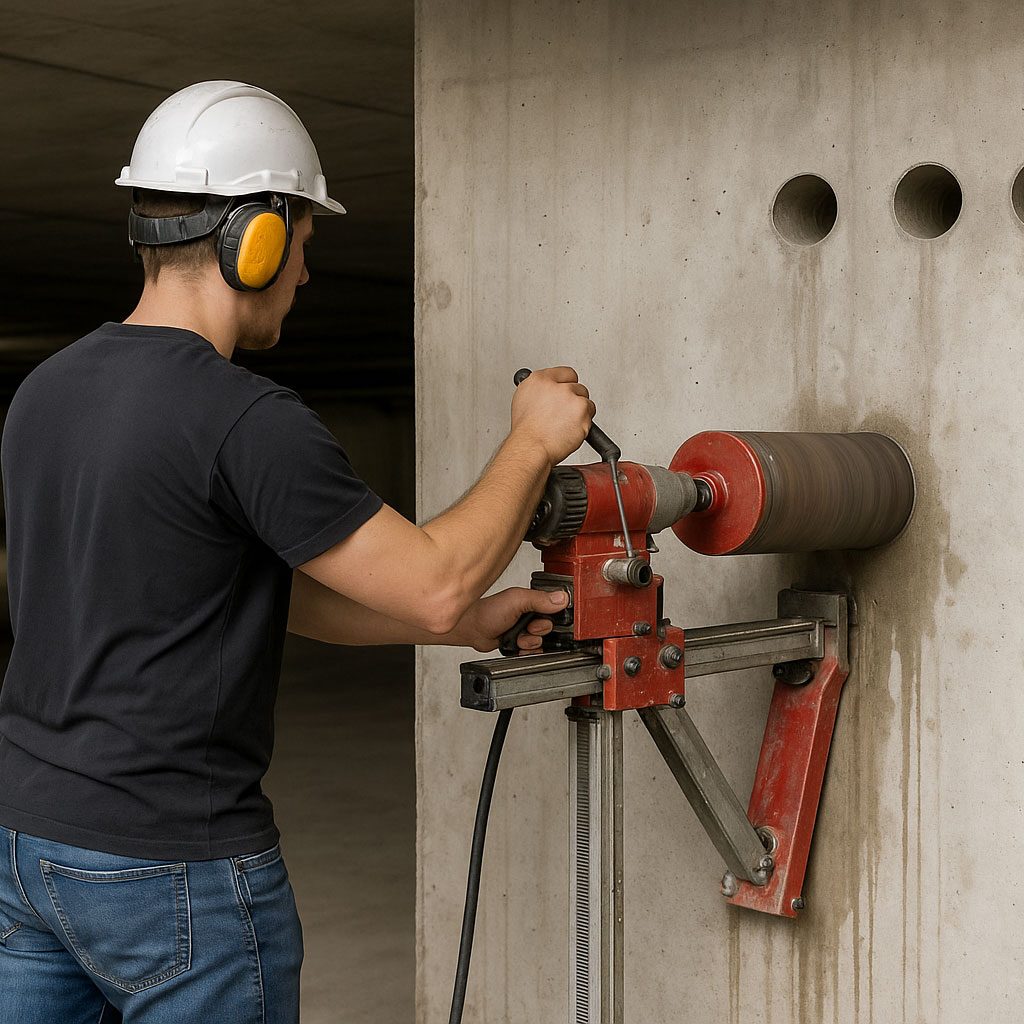 D & S Diamanttechnik. GmbH Arbeiter mit Helm und Gehörschutz bohrt in betongrauem Wandstück.