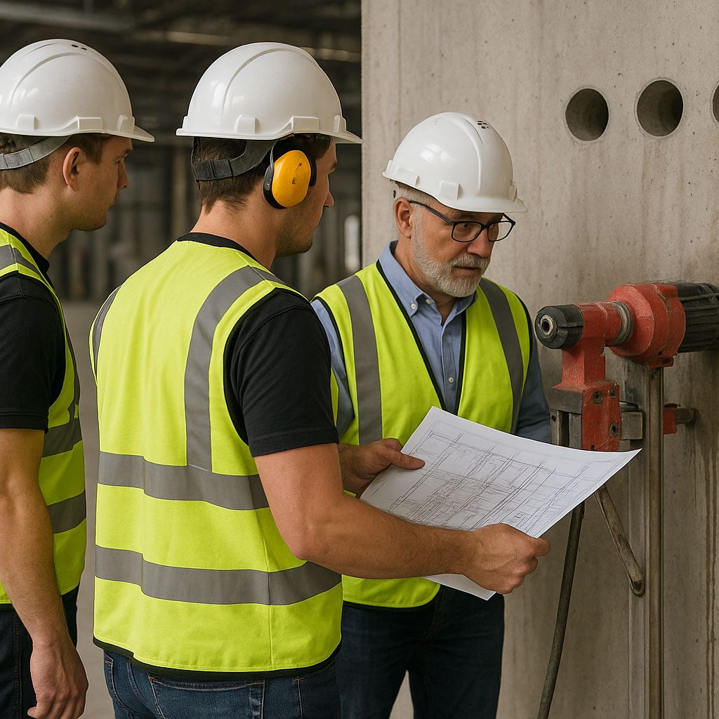 D & S Diamanttechnik. GmbH Drei Bauarbeiter in Helmen und Warnwesten prüfen Baupläne neben einer Wandbohrmaschine.