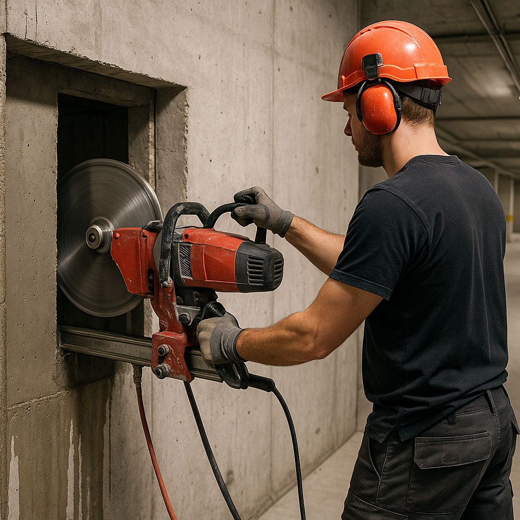 D & S Diamanttechnik. GmbH Mann mit Schutzhelm schneidet Betonwand mit einer Sägemaschine.